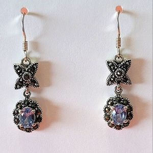 Vintage Sterling Silver Marcasite Blue Topaz Dangle Earrings. Marked On Back